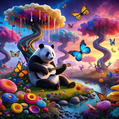 The primary subject of the image is a panda bear sitting on a grassy hill, holding a guitar. The setting is a vibrant, colorful, and whimsical environment, with a tree and a river nearby. The visual style is a digital art or illustration, featuring a mix of realistic elements and fantastical elements, such as the panda bear playing a guitar. The colors and mood are lively and cheerful, with a focus on the panda bear's playful and creative expression.